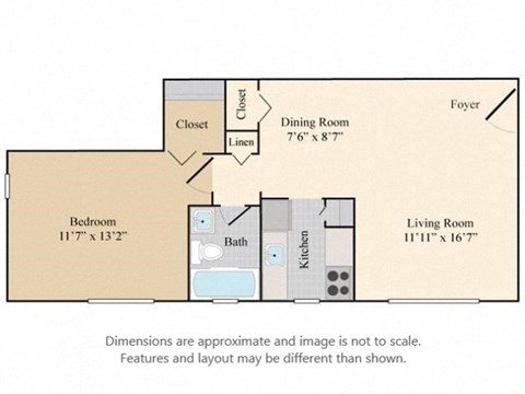 Floor plan for 1 bed, 1 bath, 615 sqft
